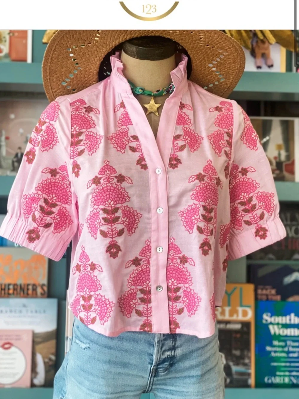 THML Pink Floral Quinn Short-Sleeve Button Front Top - Picture 9 of 10